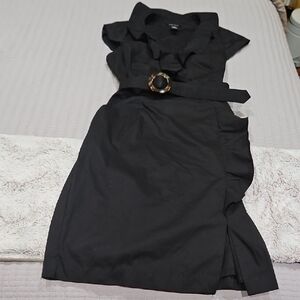 White House Black Market Black Ruffle-Trim Collared Midi Dress with Buckle Belt